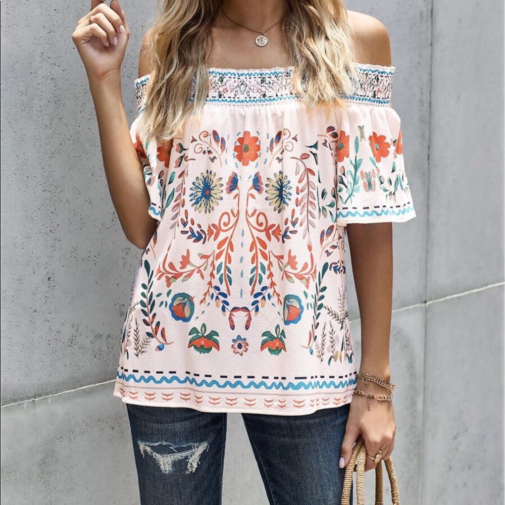 Bohemian White Floral Print Off Shoulder Oversized Top - Picture 4 of 5